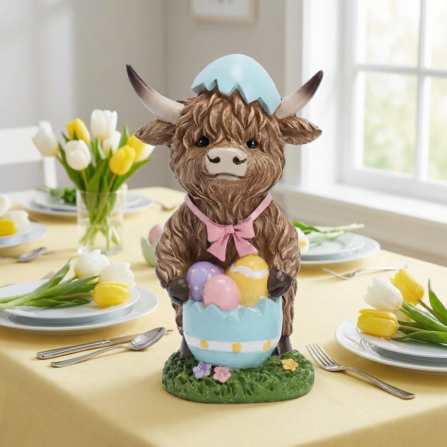 Easter Highland Cow Set with Bunny Ears on Base
