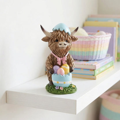 Easter Highland Cow Set with Bunny Ears on Base