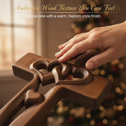 Hand-Carved Intertwined Hearts Wooden Cross